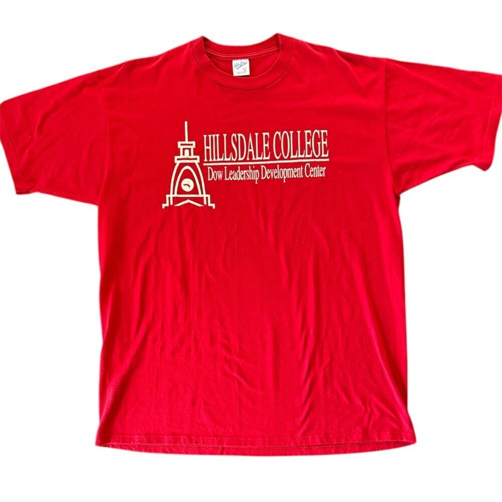 Vintage Hillsdale College Red Graphic Tee Velva Sheen Made in USA Size XL